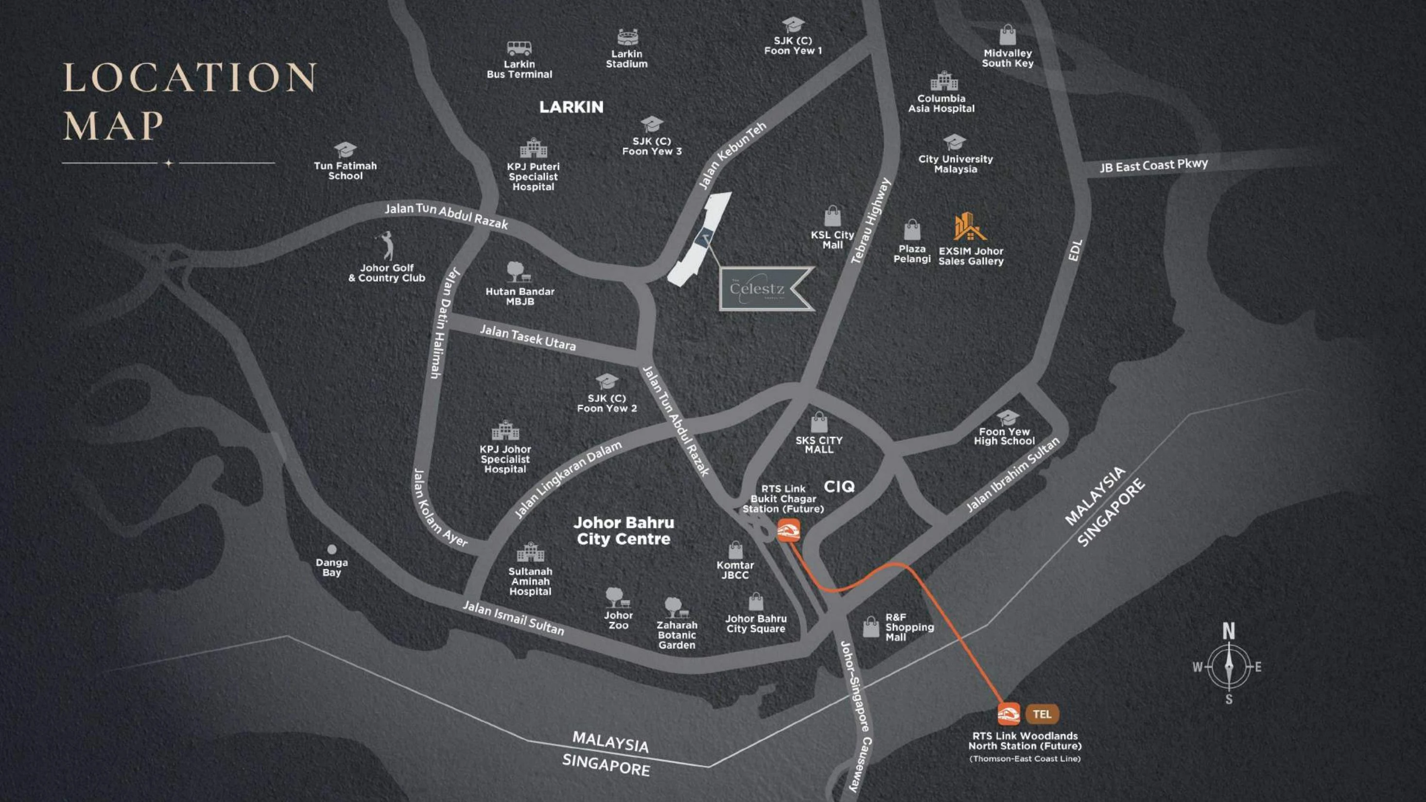 The Celestz official location map with roads, landmarks, CIQ, RTS and direction marker